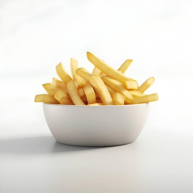 Des frites dorées dans un bol sur fond blanc rendu 3D