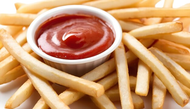 Photo des frites avec du ketchup en gros plan sur du blanc