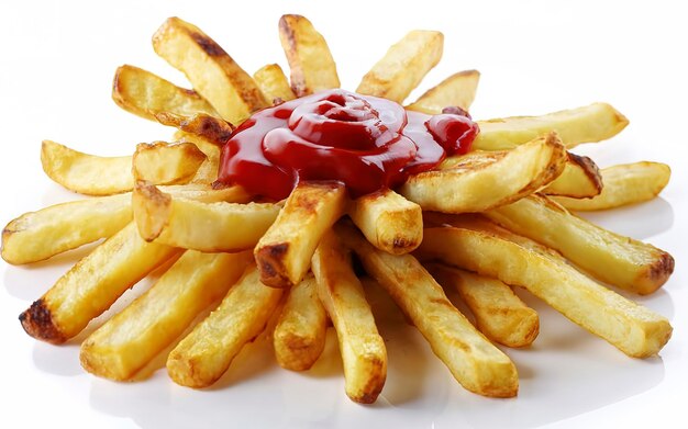 Des frites avec du ketchup en gros plan sur du blanc