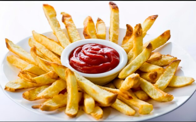 Des frites avec du ketchup en gros plan sur du blanc