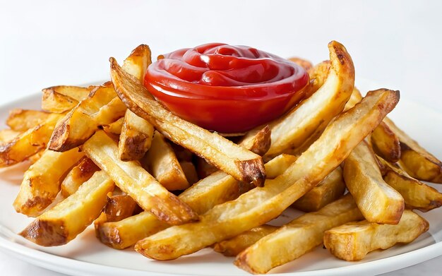 Des frites avec du ketchup en gros plan sur du blanc