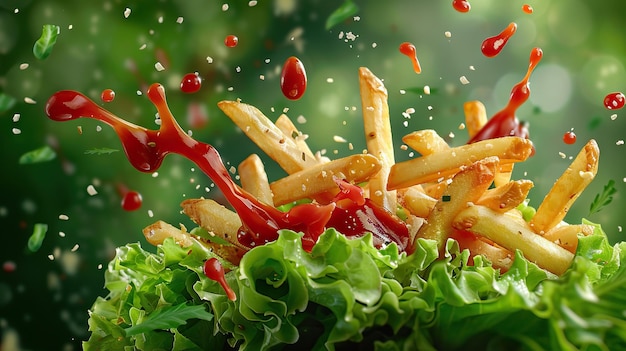 Des frites avec du ketchup de laitue et des pommes de terre volantes.