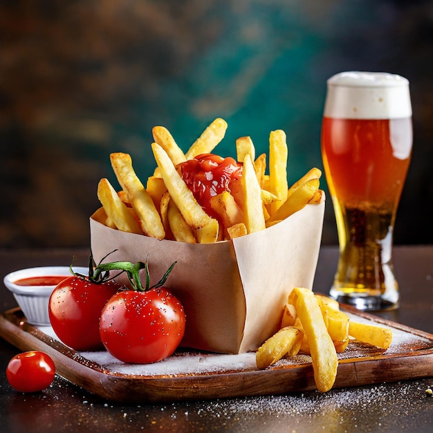 Photo des frites avec du ketchup et des tomates avec un verre de bière.