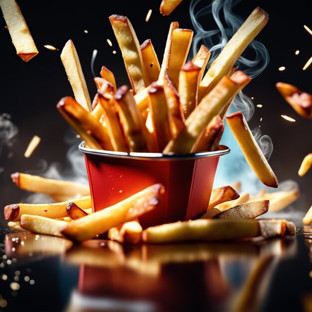 Photo les frites flottant dans l'air sont un spectacle surréaliste et magique les bâtons de pommes de terre bruns dorés