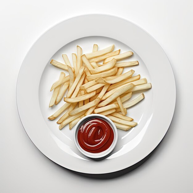 Photo frites et ketchup sur une assiette blanche dans le style d'une vue aérienne