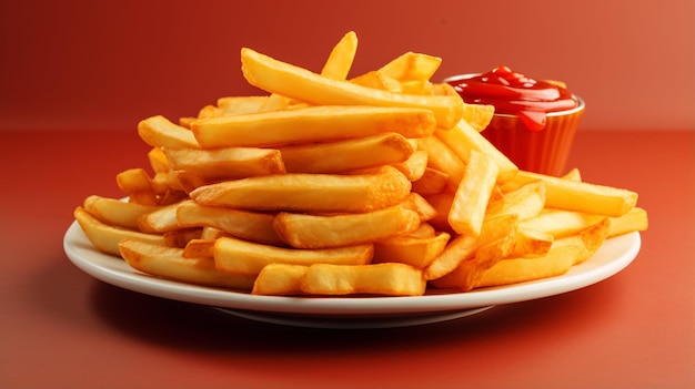 Photo frites avec ketchup et fond rouge ai généré