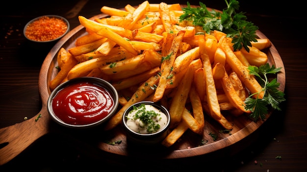 frites et ketchup avec ketchup sur fond de bois foncé