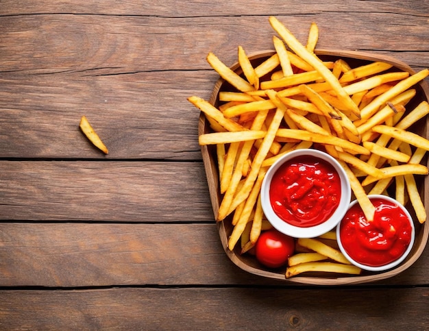 frites avec ketchup et sauce sur un fond en bois. vue de dessus.