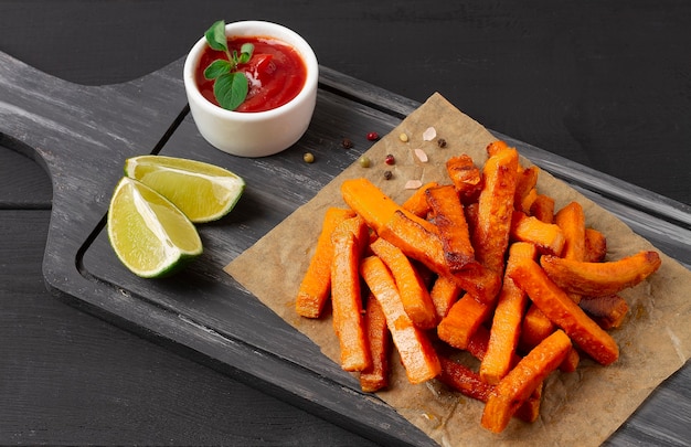 Frites de patates douces avec sauce sur une planche de bois vue de dessus horizontale aucun peuple