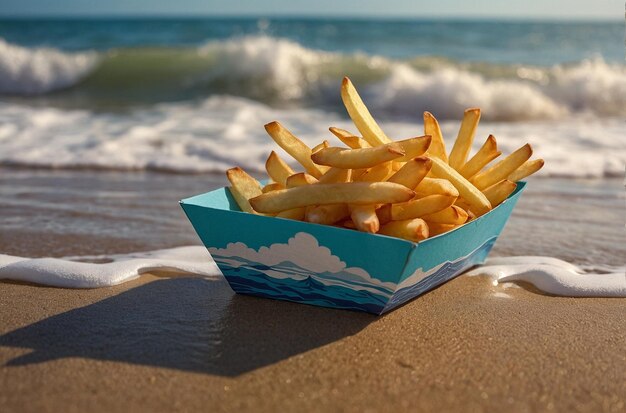 Des frites sur la plage dans un bateau en papier