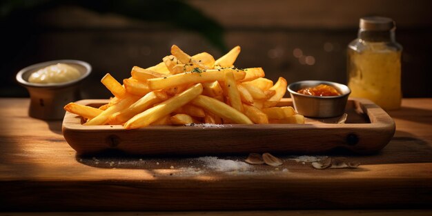 Frites sur la plaque de bois avec IA générée