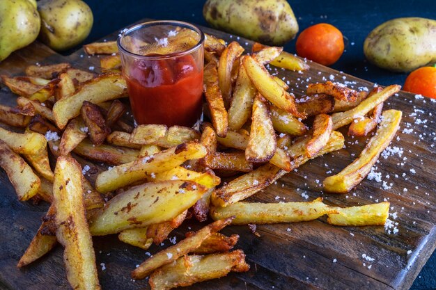 Frites de pommes de terre au four faites maison avec du ketchup sur un fond en bois