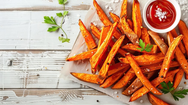 Des frites de pommes de terre douces et d'orange cuites à la maison avec du ketchup et du poivre salé sur une planche de bois blanche