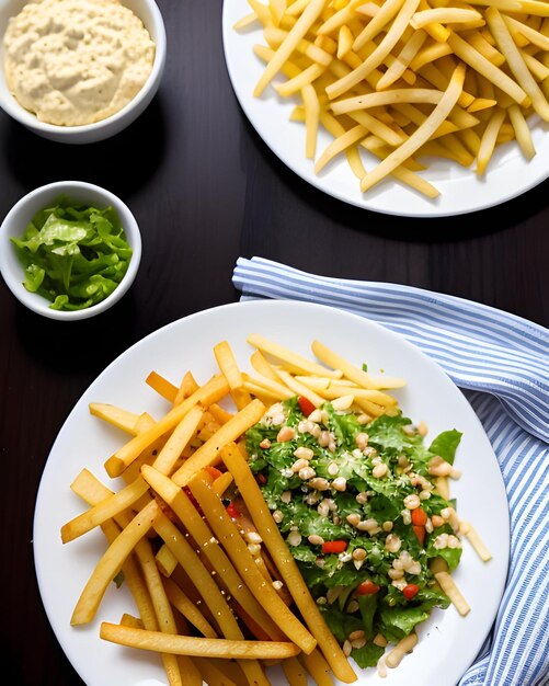 Des frites et une salade verte sur une assiette Concept de nourriture rapide et de nourriture végétarienne saine