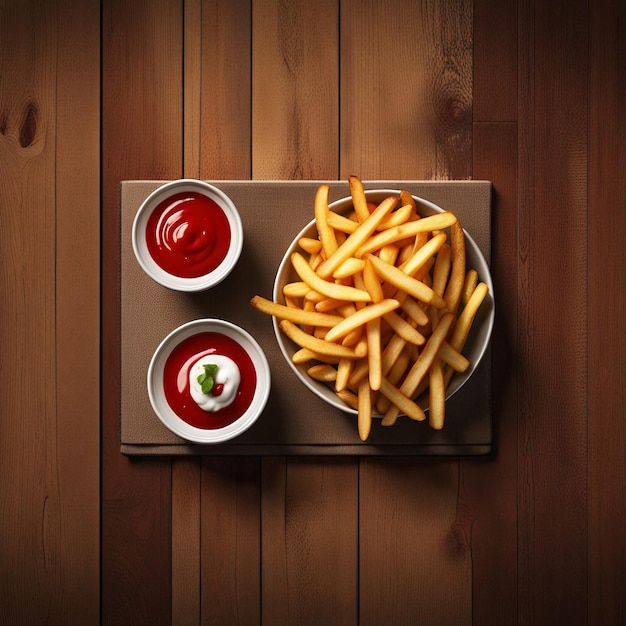 Des frites et de la sauce sur une table en bois.