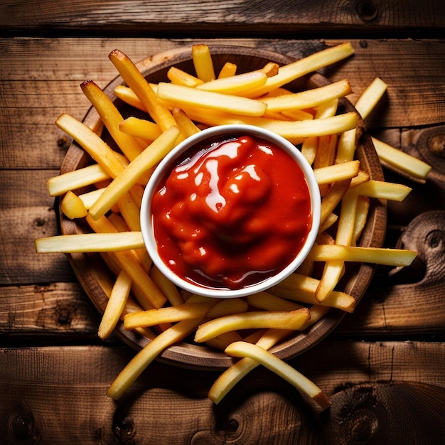 Des frites et de la sauce vues d'en haut