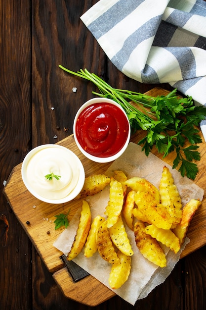 Frites savoureuses faites maison sur une planche à découper Vue de dessus