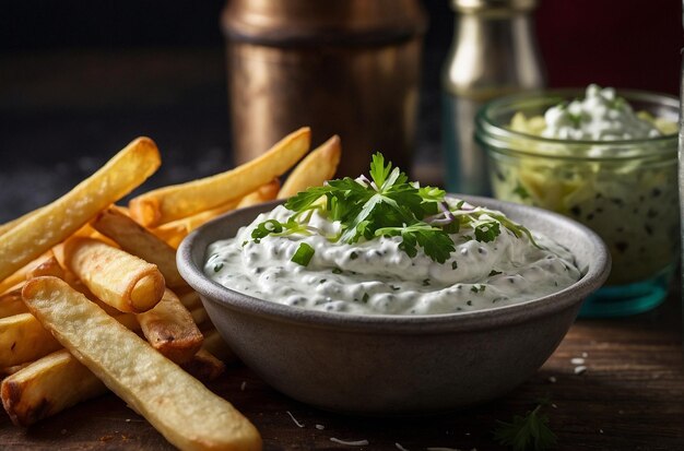 Des frites servies avec du tzatziki.