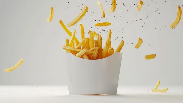 Des frites sortant d'une boîte en papier blanc isolée sur blanc