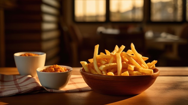 Des frites sur une table en bois dans le restaurant dans un bol