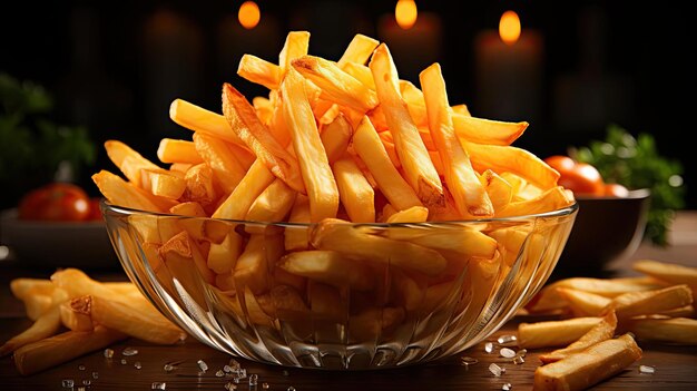 frites sur table en bois sur fond noir avec lumière cinématographique