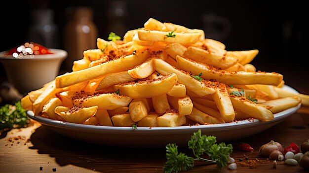 Photo frites sur table en bois sur fond noir avec lumière cinématographique