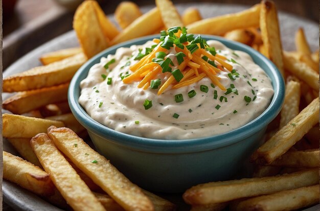 Frites avec un trempet au fromage crémeux