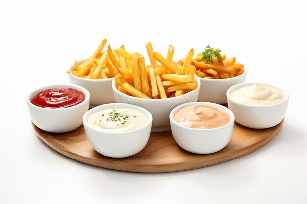 Des frites avec une variété de sauces de trempage