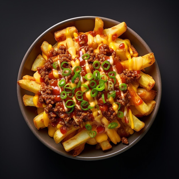 Frites avec viande et fromage sur fond noir