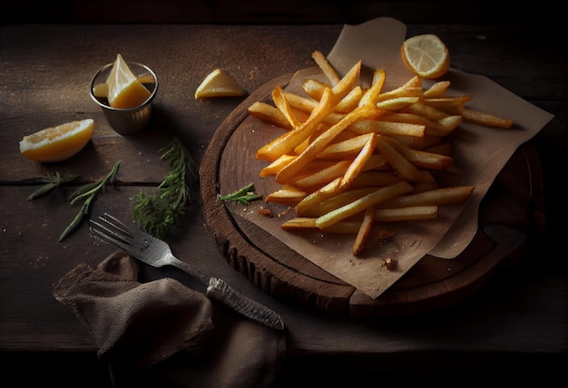 Des frites sur une vieille table en bois IA générative