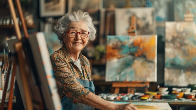 Froidissez le moment où une femme âgée s'immerse dans une classe d'art avec un studio rempli de fournitures d'art, de toiles et de lumière naturelle orientée vers le nord.