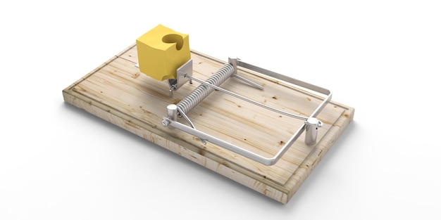 Fromage d'appât de piège à souris en bois isolé sur fond blanc illustration 3d