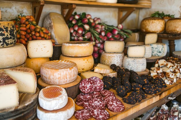 Photo le fromage artisanal et les viandes cuites présentés au marché gourmet une variété de fromages et de viandes artisanales