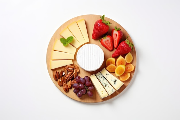 Fromage assorti, fruits, noix et miel sur une planche en bois