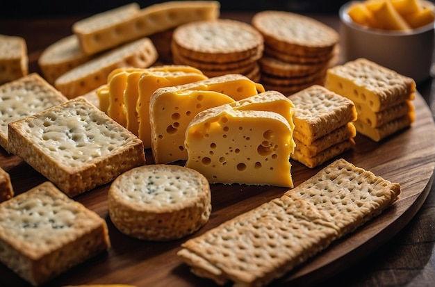 Le fromage et les biscuits bien disposés sur un plateau de service