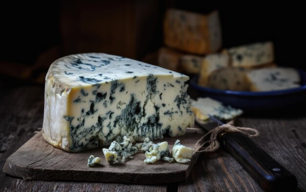 Fromage bleu gorgonzola sur une planche à découper en bois avec éléments décoratifs fromage artisanal généré par ai