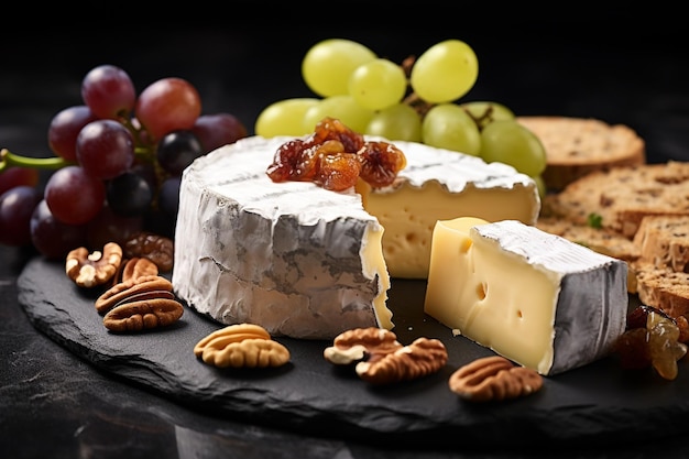 fromage brun et blanc avec noix et raisins sur ardoise noire