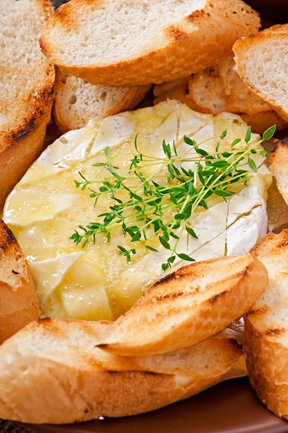 Fromage camembert au four au thym et toast frotté à l'ail