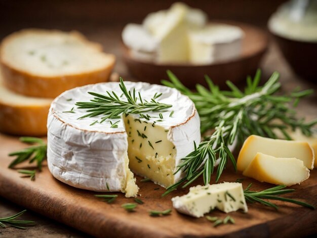 Photo fromage camembert avec romarin sur une planche à couper focalisation sélective ia générative