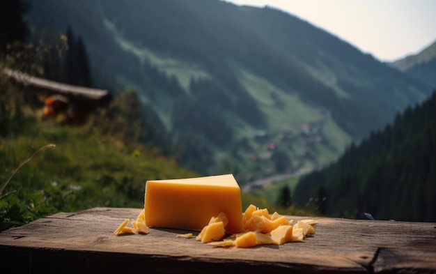 fromage cheddar sur une planche à découper en bois avec des montagnes en arrière-plan généré par ai