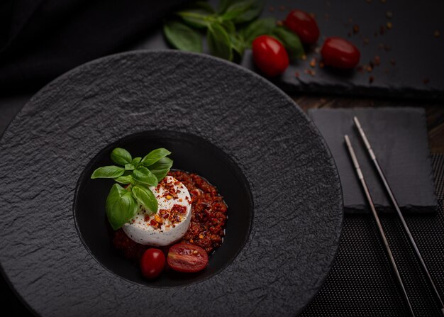 fromage de chèvre au pesto de basilic et tomates sur un plat noir vue de dessus