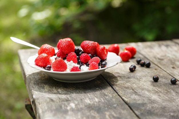 Fromage cottage aux baies d'été - fraise, framboise et cassis dans une assiette blanche sur un fond en bois usé. Repas sain en plein air
