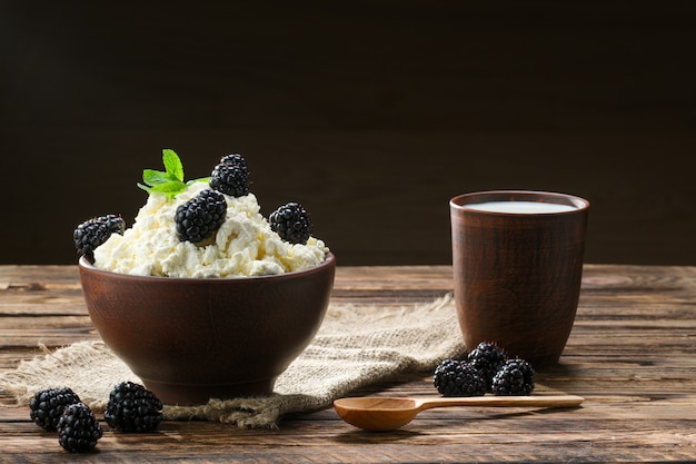 Fromage cottage produit laitier et lait dans un bol en céramique brune