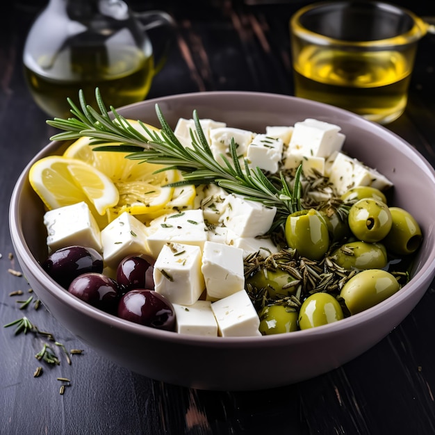 Fromage feta cornichons hachés olives brins de romarin bruine