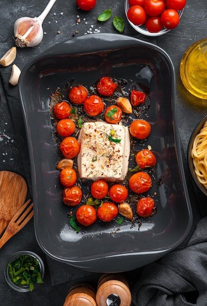 Fromage feta cuit au four avec des tomates cerises et des herbes dans un plat allant au four Préparation de la fetapasta Vue de dessus gros plan