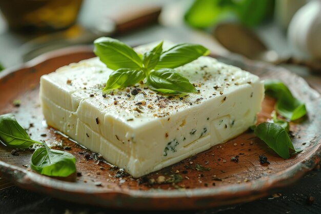 fromage feta fraîchement cuit avec du basilic sur une planche de bois rustique