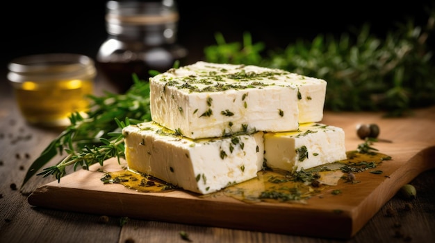 Photo fromage feta avec de l'huile d'olive dans un bol et des feuilles de romarin sur fond de bois