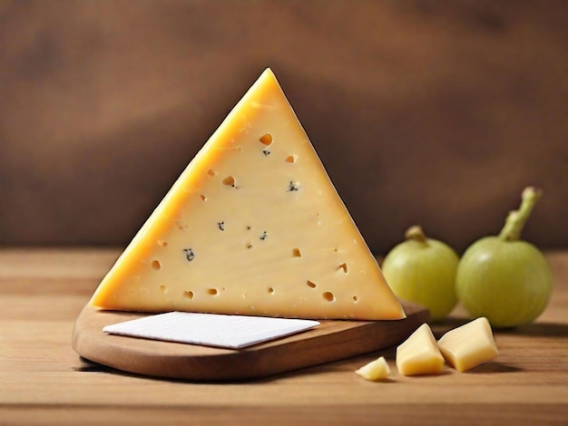 Photo fromage en forme de triangle sur fond de bois avec stylo et papier vide pour écrire