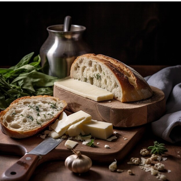 fromage avec des herbes et du pain sur un fond sombre teint sélectif focuS