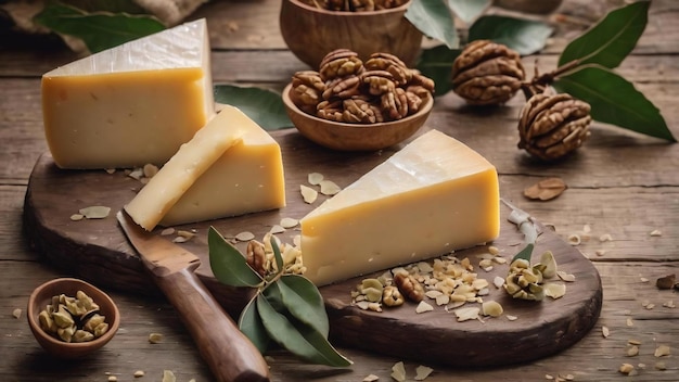 fromage manchego espagnol avec des feuilles de laurier séchées et des noix sur une vieille surface en bois